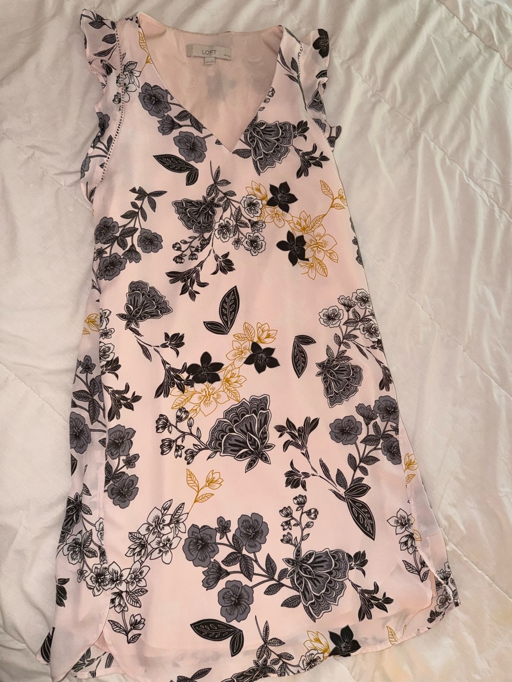 LOFT Light Pink Floral V-Neck Ruffle Sleeve Dress with Black and Yellow Accents